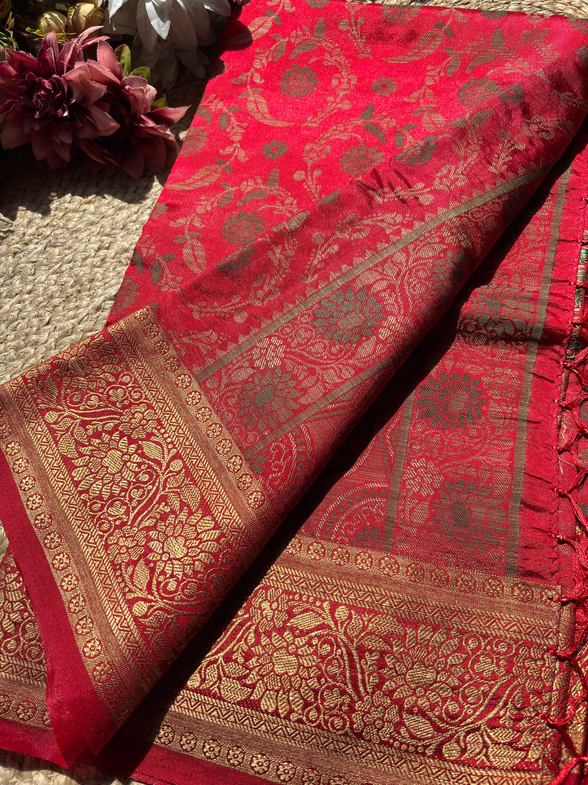 Crimson Red Banarasi Patola Silk Saree with Antique Gold Zari Weaving