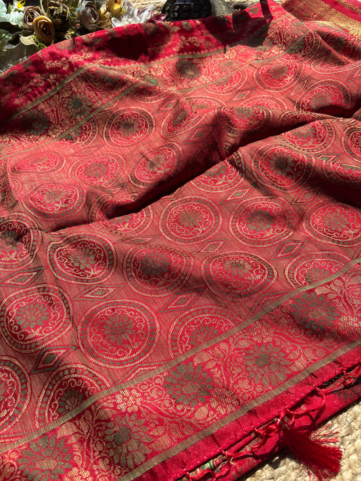 Crimson Red Banarasi Patola Silk Saree with Antique Gold Zari Weaving