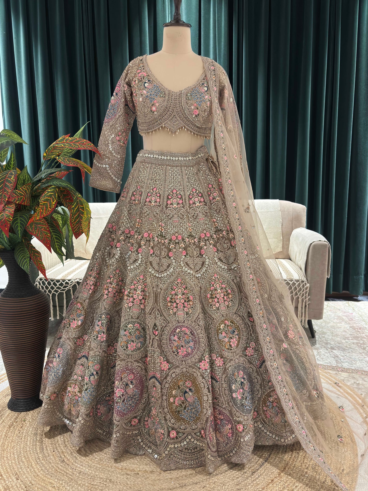 Regal Golden Embroidered Lehenga with Floral & Peacock Zari Work