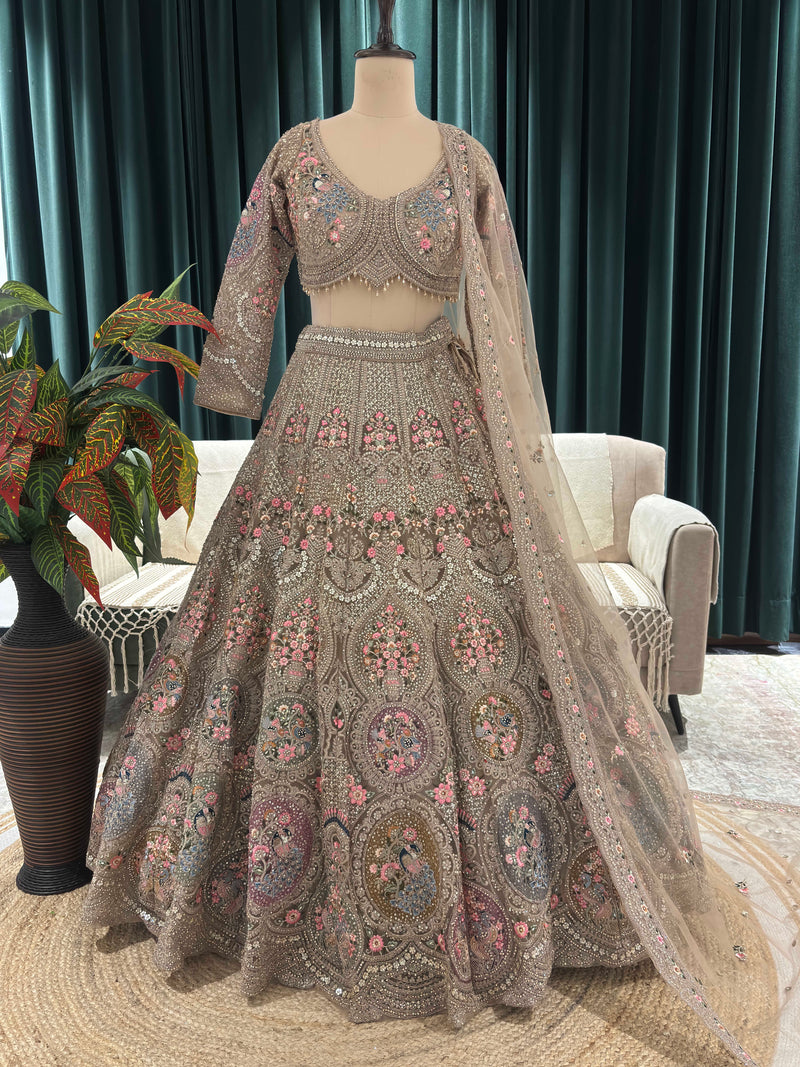 Regal Golden Embroidered Lehenga with Floral & Peacock Zari Work