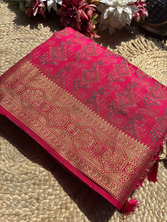 Rani Pink Banarasi Patola Silk Saree with Antique Gold Zari Weaving