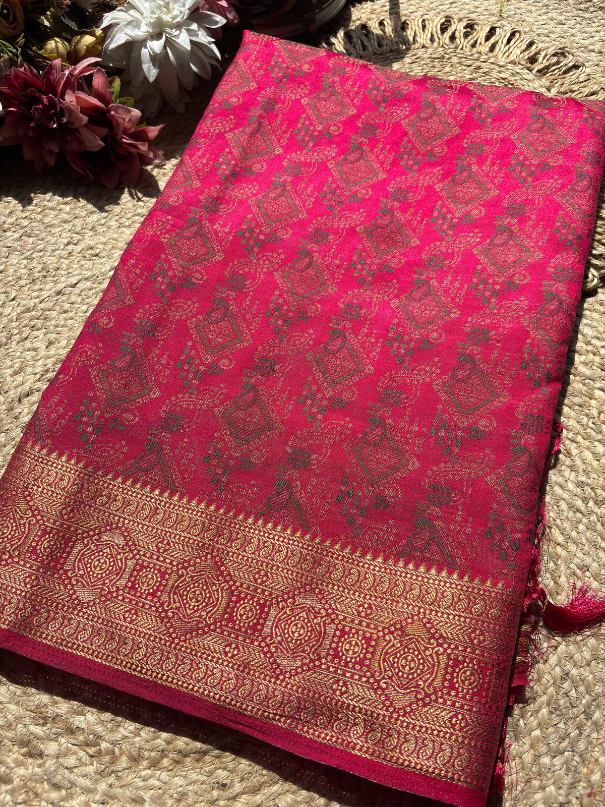 Rani Pink Banarasi Patola Silk Saree with Antique Gold Zari Weaving