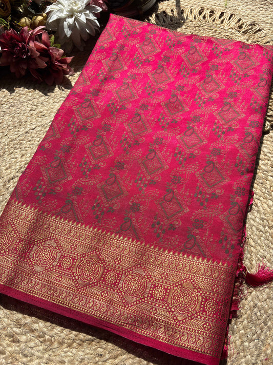 Rani Pink Banarasi Patola Silk Saree with Antique Gold Zari Weaving