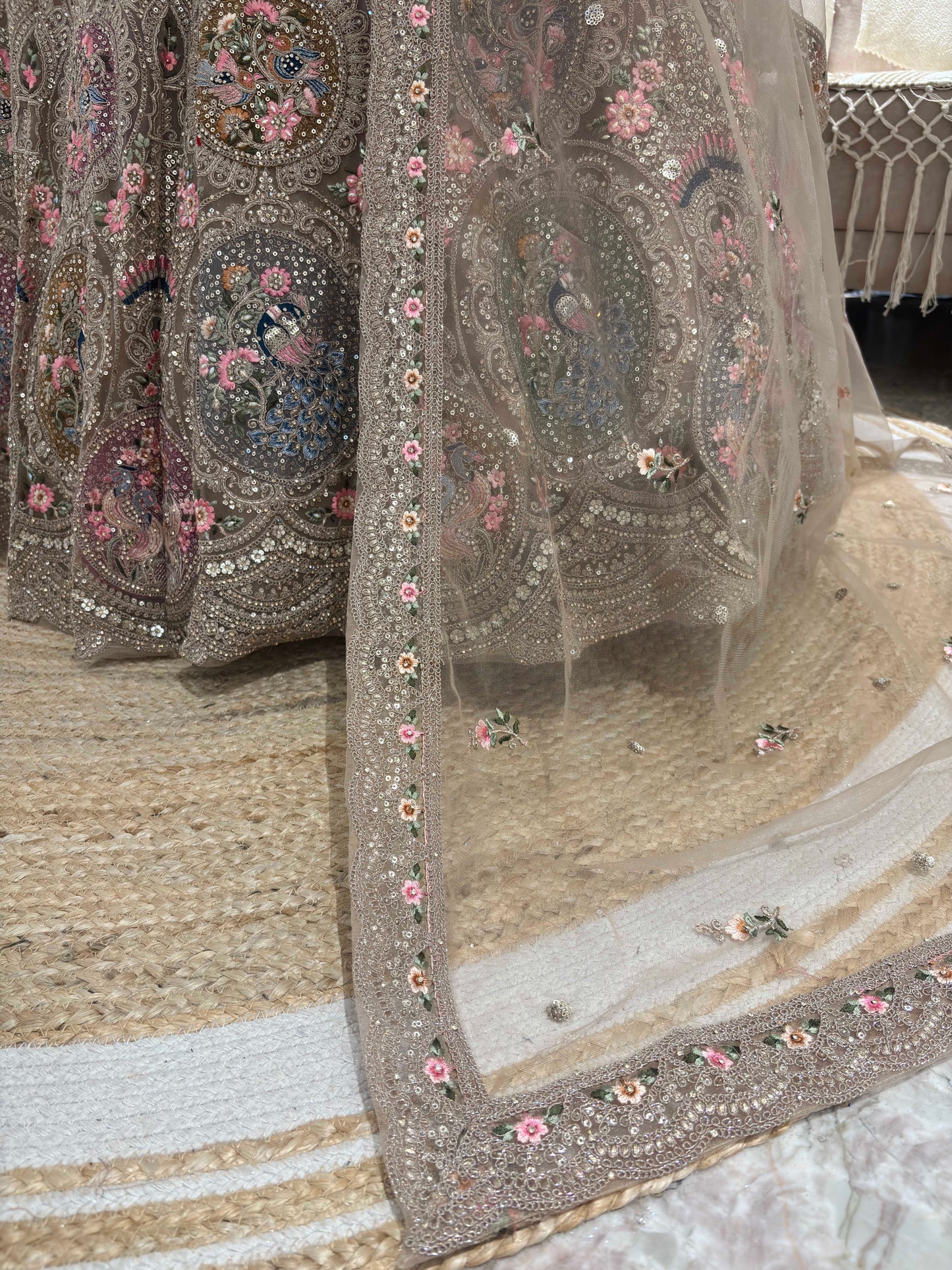 Regal Golden Embroidered Lehenga with Floral & Peacock Zari Work