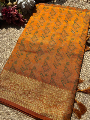 Yellow Patola Banarasi Silk Saree with Antique Gold & Green Zari Weaving