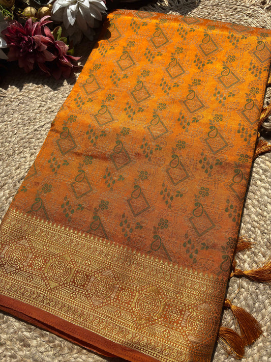 Yellow Patola Banarasi Silk Saree with Antique Gold & Green Zari Weaving