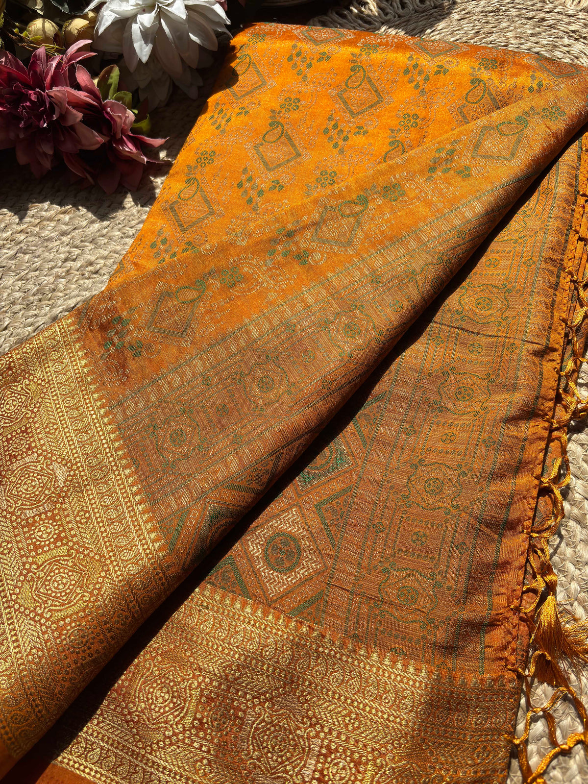 Yellow Patola Banarasi Silk Saree with Antique Gold & Green Zari Weaving