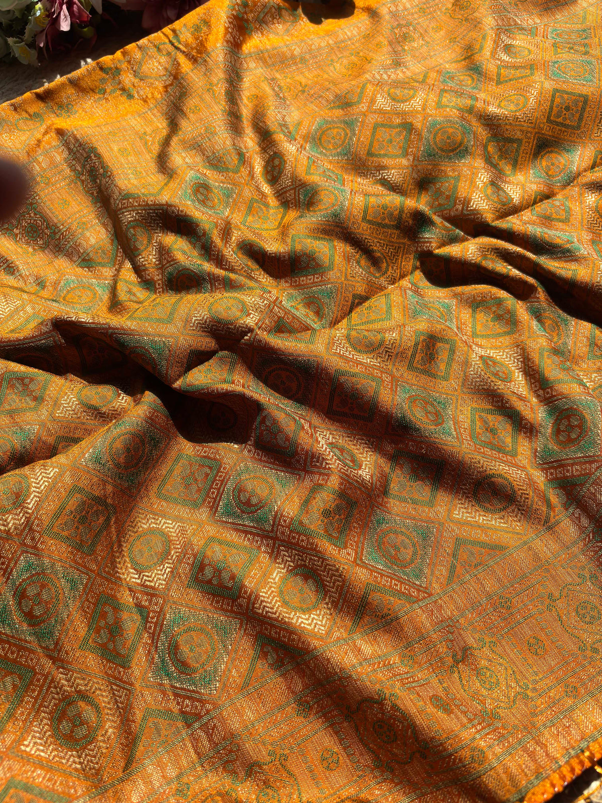 Yellow Patola Banarasi Silk Saree with Antique Gold & Green Zari Weaving
