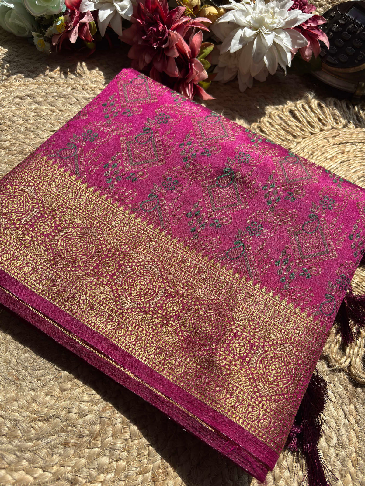 Fuchsia Pink Patola Banarasi Silk Saree with Antique Gold Zari Weaving