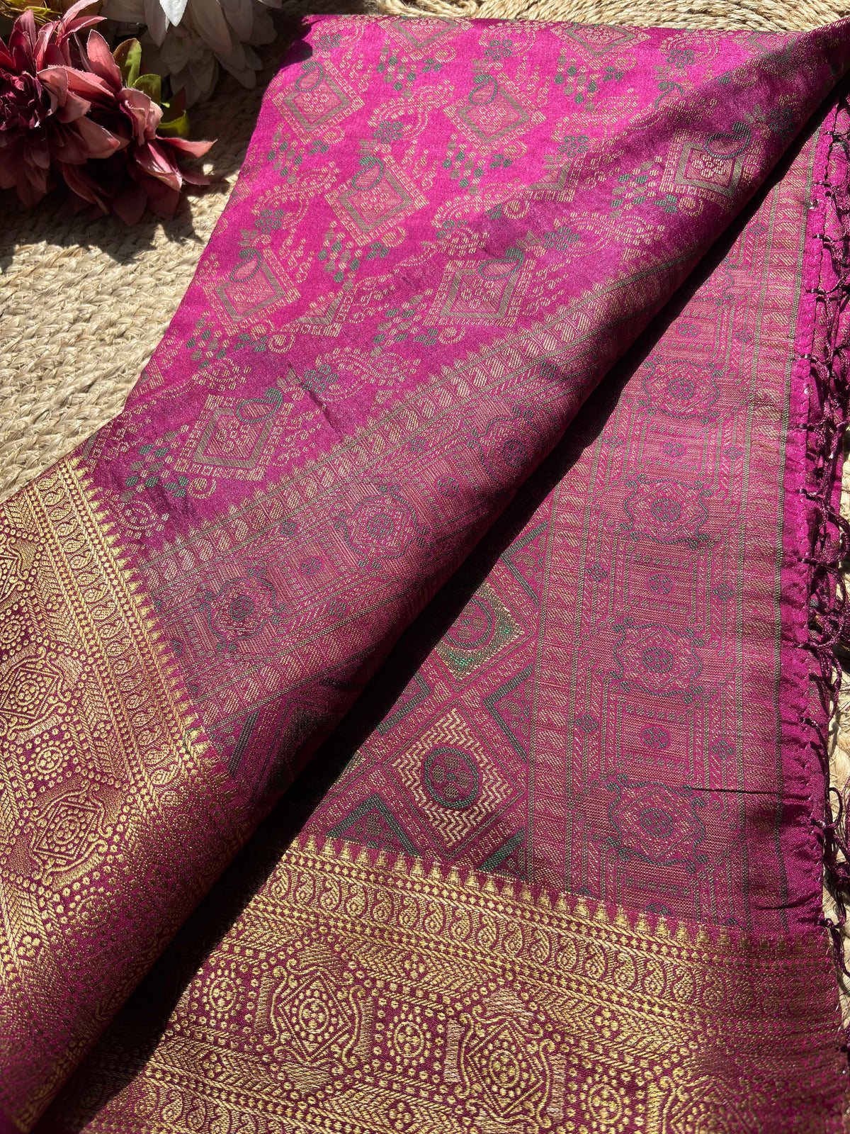 Fuchsia Pink Patola Banarasi Silk Saree with Antique Gold Zari Weaving