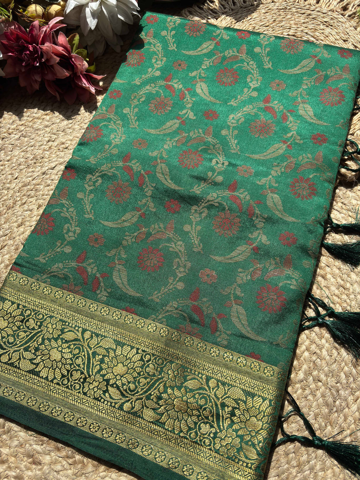 Emerald Green Banarasi Patola Silk Saree with Antique Gold Zari Floral Weaving