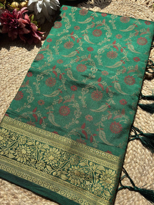 Emerald Green Banarasi Patola Silk Saree with Antique Gold Zari Floral Weaving