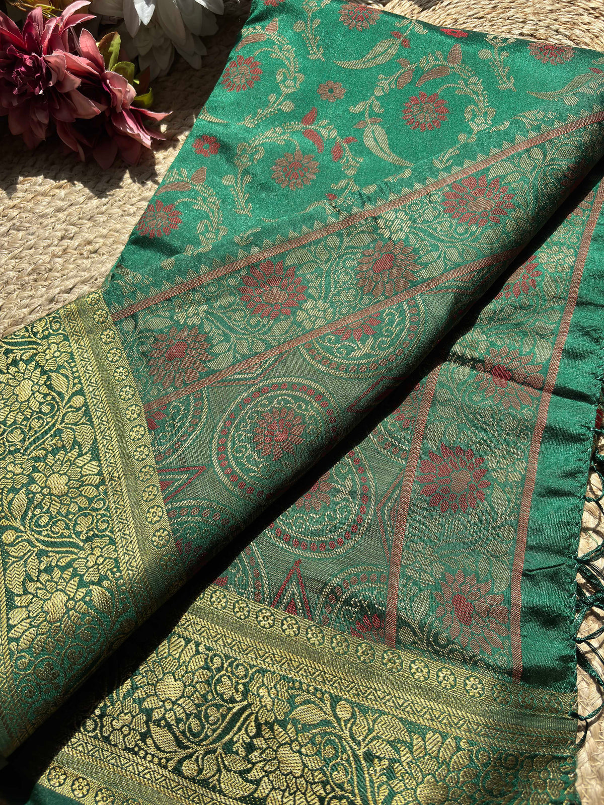 Emerald Green Banarasi Patola Silk Saree with Antique Gold Zari Floral Weaving