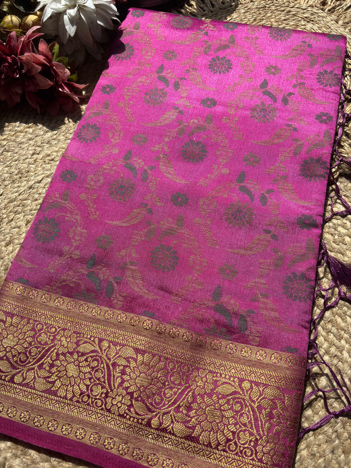 Magenta Pink Banarasi Patola Silk Saree with Antique Gold Zari Floral Weaving