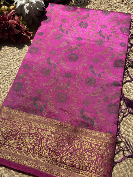 Magenta Pink Banarasi Patola Silk Saree with Antique Gold Zari Floral Weaving