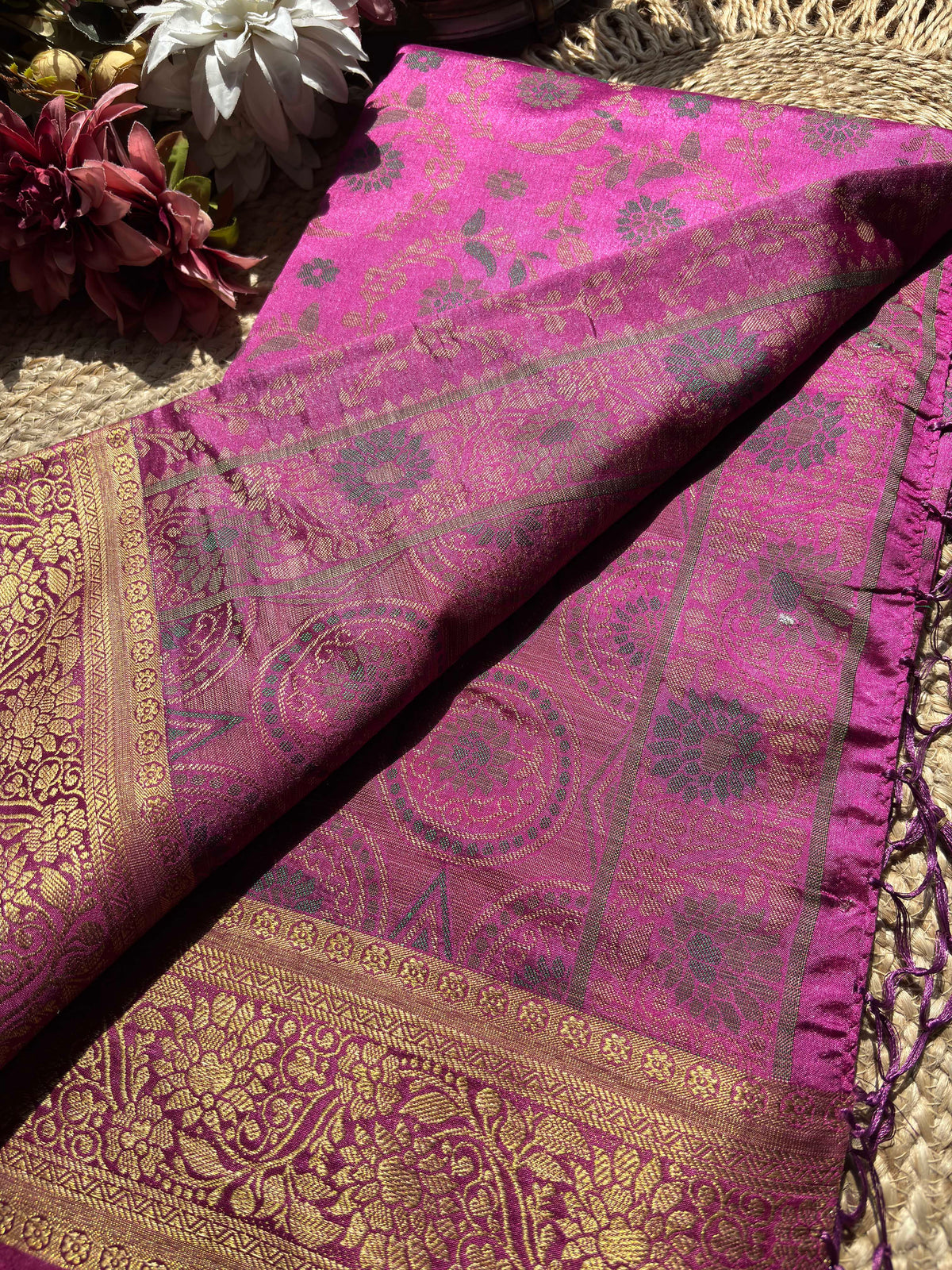 Magenta Pink Banarasi Patola Silk Saree with Antique Gold Zari Floral Weaving