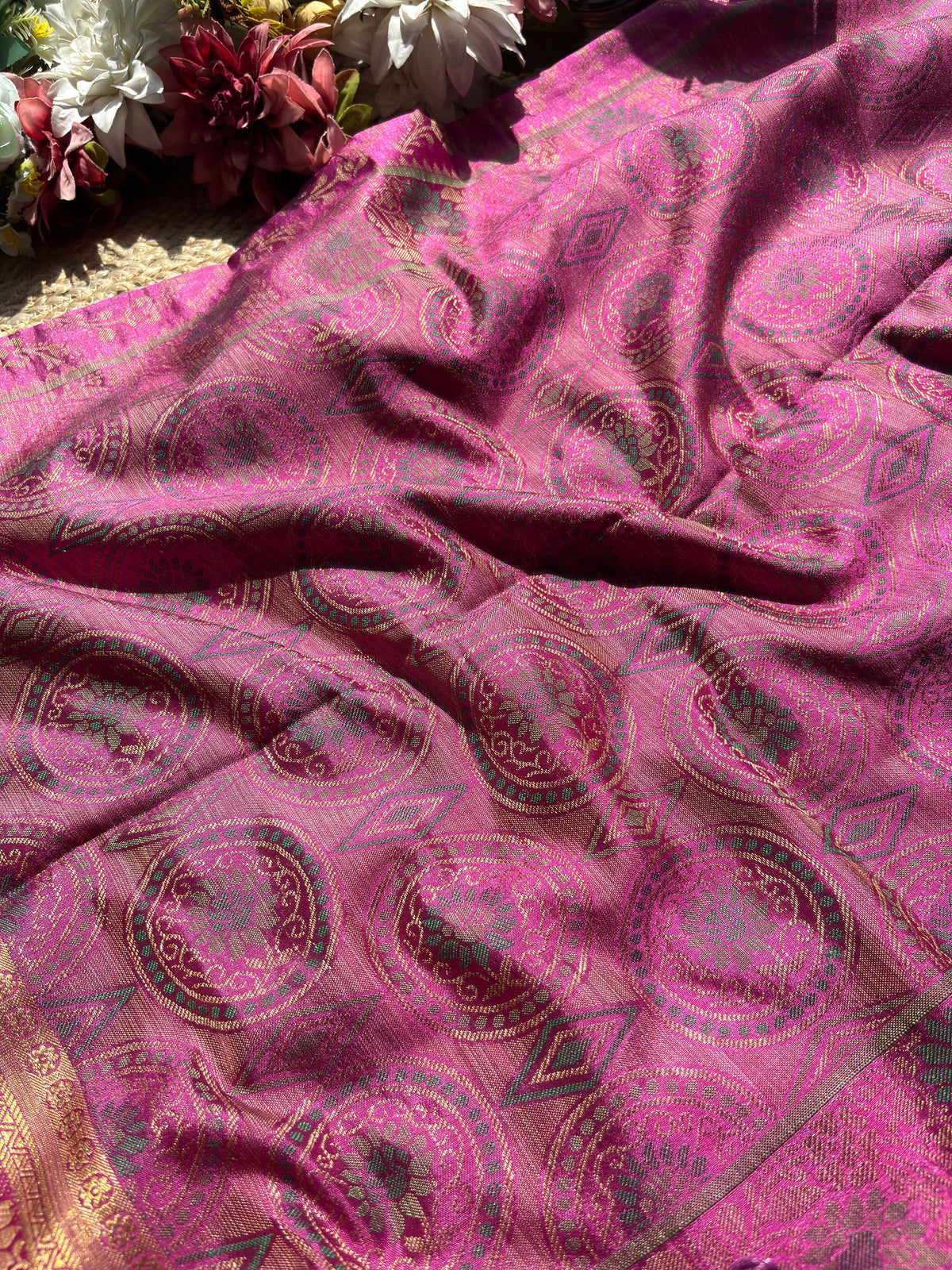 Magenta Pink Banarasi Patola Silk Saree with Antique Gold Zari Floral Weaving
