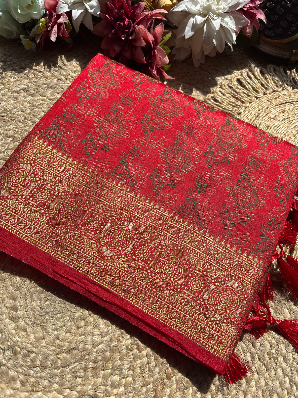 Scarlet Red Banarasi Patola Silk Saree with Antique Gold Zari Weaving
