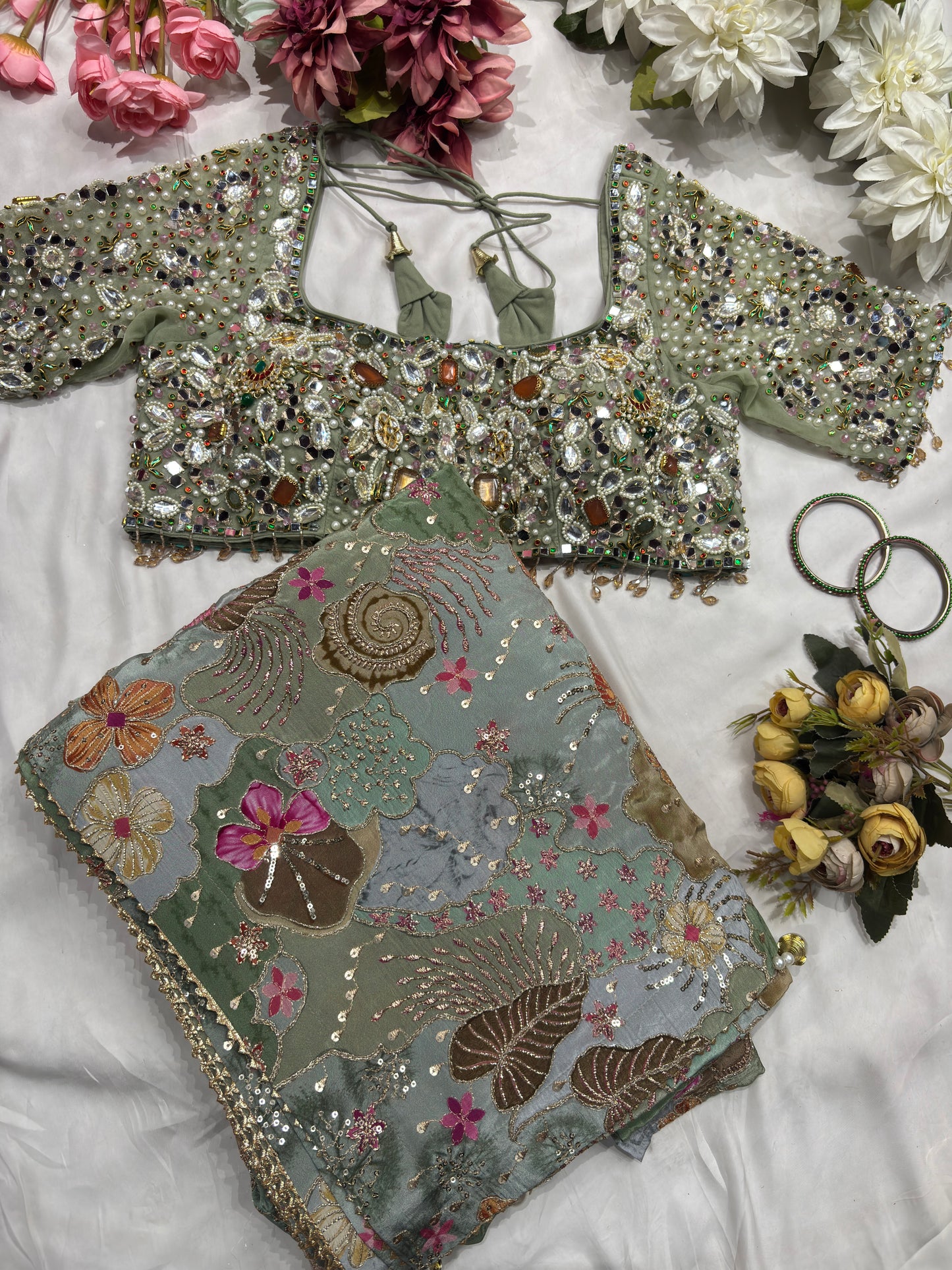 Crepe Saree Ornate Blouse with Mirror and Sequin Embroidery