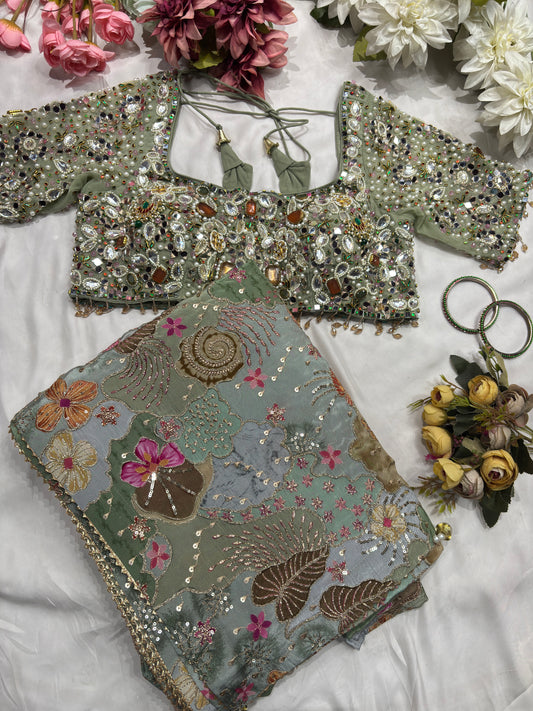 Crepe Saree Ornate Blouse with Mirror and Sequin Embroidery