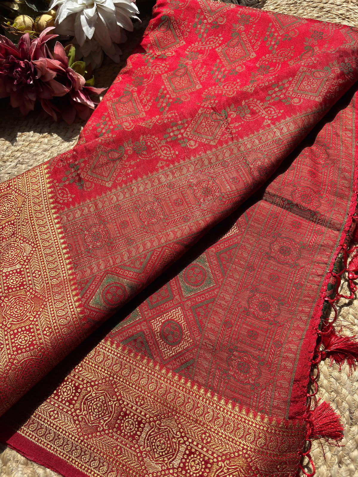 Scarlet Red Banarasi Patola Silk Saree with Antique Gold Zari Weaving