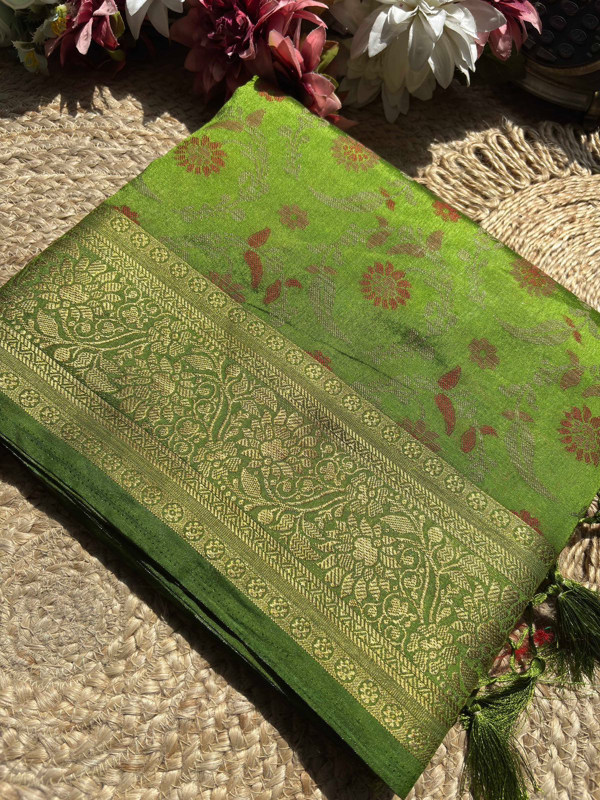 Parrot Green Banarasi Patola Silk Saree with Antique Gold Zari Weaving