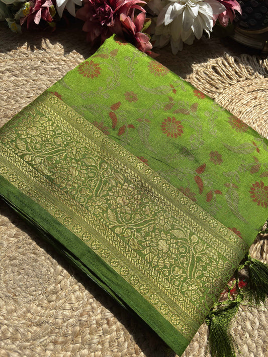 Parrot Green Banarasi Patola Silk Saree with Antique Gold Zari Weaving