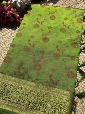 Parrot Green Banarasi Patola Silk Saree with Antique Gold Zari Weaving