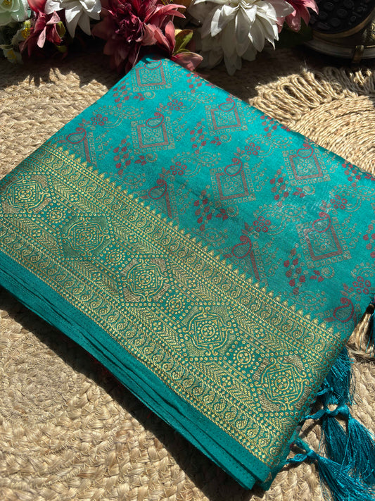 Turquoise Blue Banarasi Patola Silk Saree with Antique Gold Zari Weaving