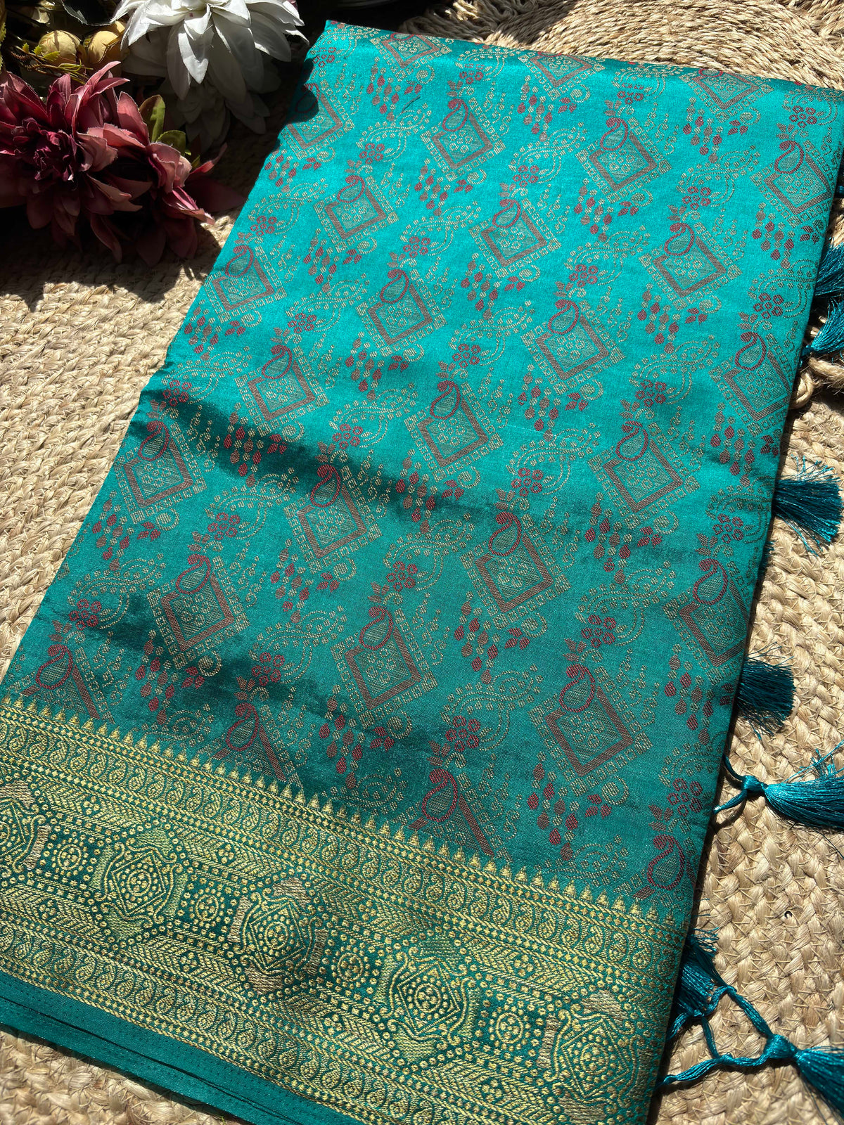 Turquoise Blue Banarasi Patola Silk Saree with Antique Gold Zari Weaving