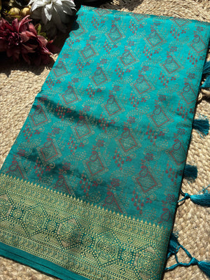 Turquoise Blue Banarasi Patola Silk Saree with Antique Gold Zari Weaving