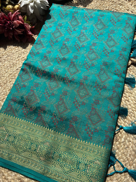 Turquoise Blue Banarasi Patola Silk Saree with Antique Gold Zari Weaving