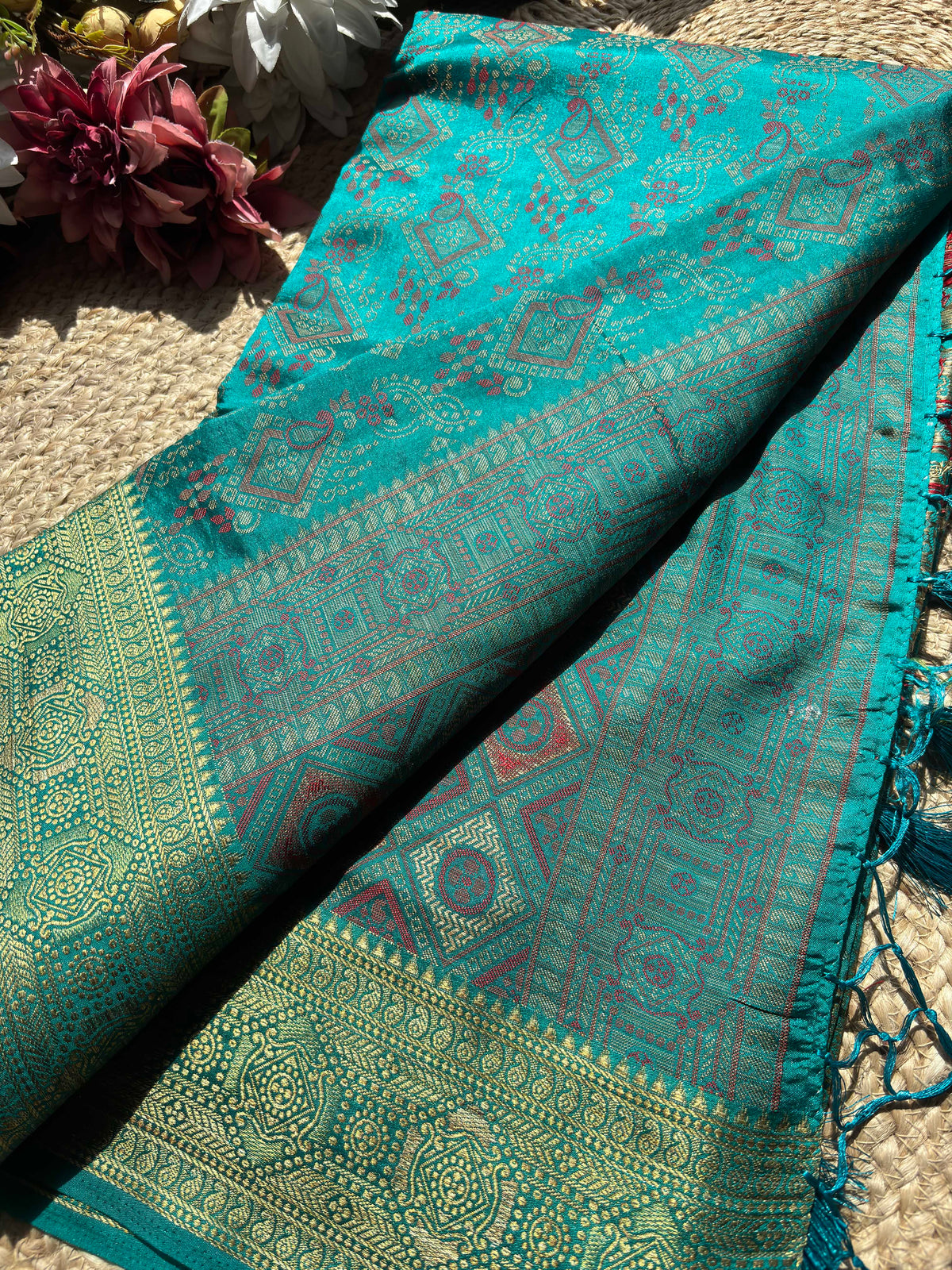 Turquoise Blue Banarasi Patola Silk Saree with Antique Gold Zari Weaving