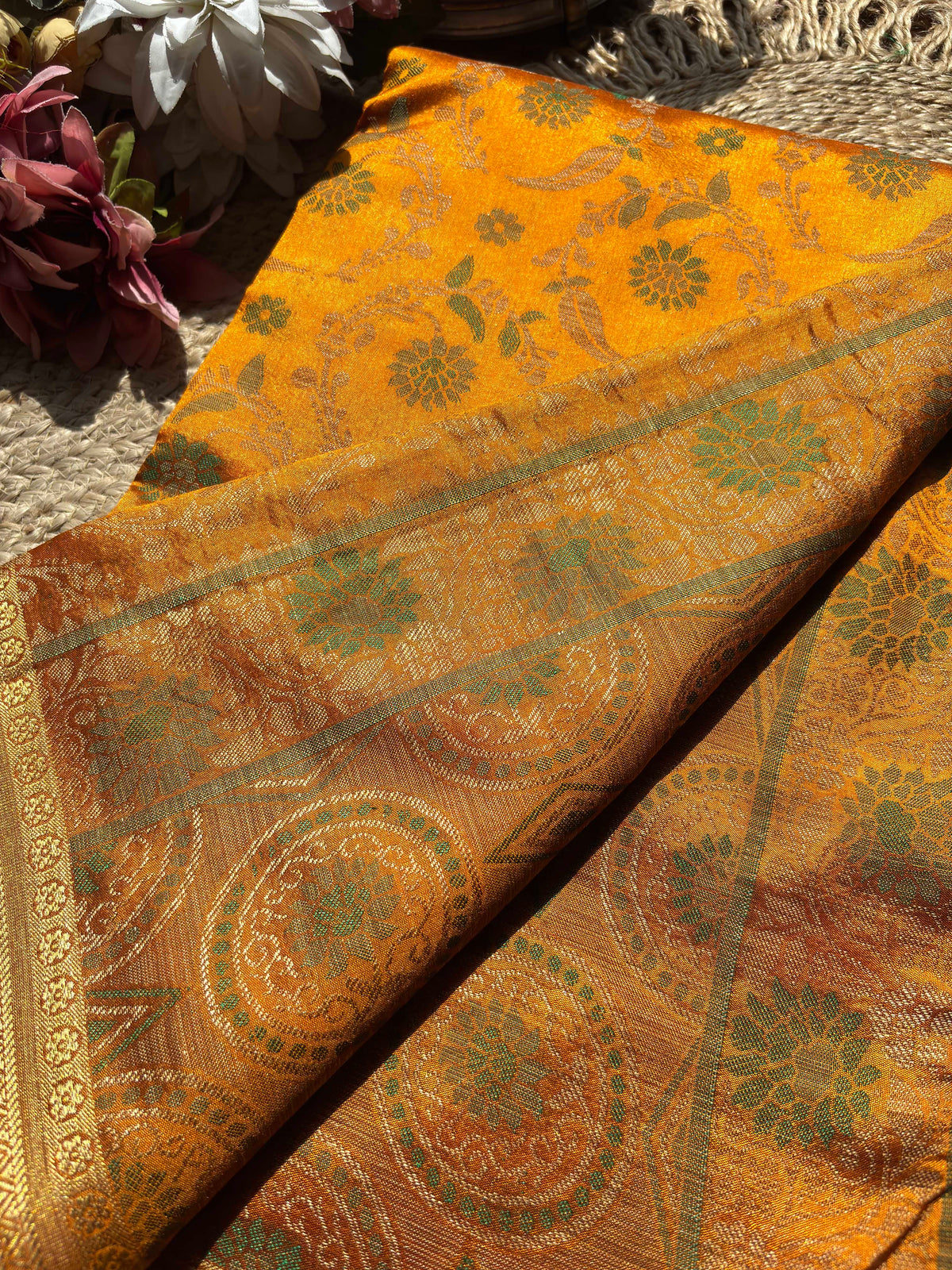 Yellow Patola Banarasi Silk Saree with Gold & Green Zari Weaving