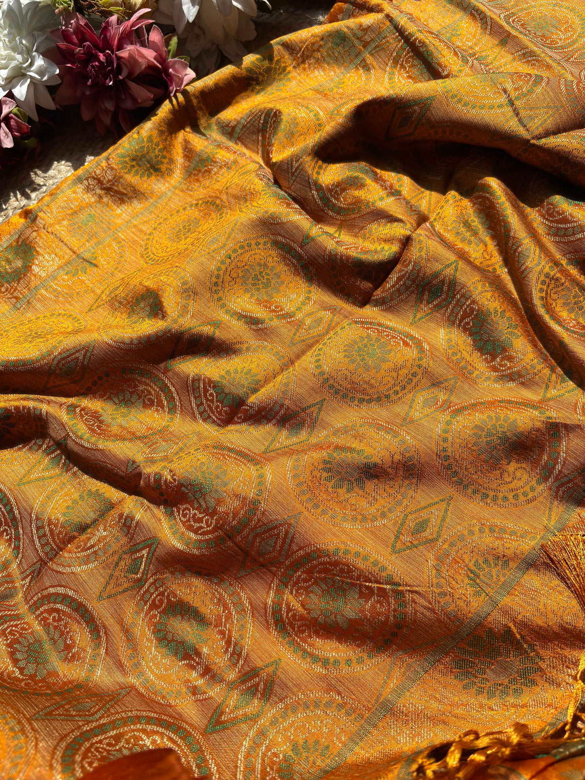 Yellow Patola Banarasi Silk Saree with Gold & Green Zari Weaving