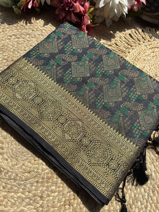 Grey Banarasi Patola Silk Saree with Antique Gold & Green Zari Weaving