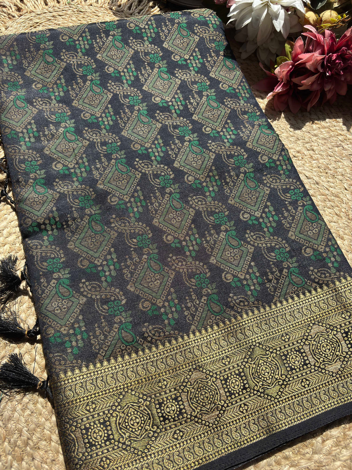 Grey Banarasi Patola Silk Saree with Antique Gold & Green Zari Weaving
