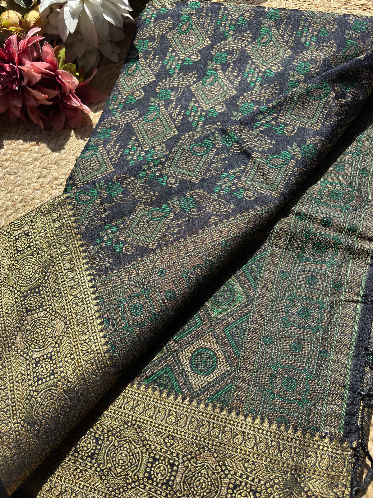 Grey Banarasi Patola Silk Saree with Antique Gold & Green Zari Weaving