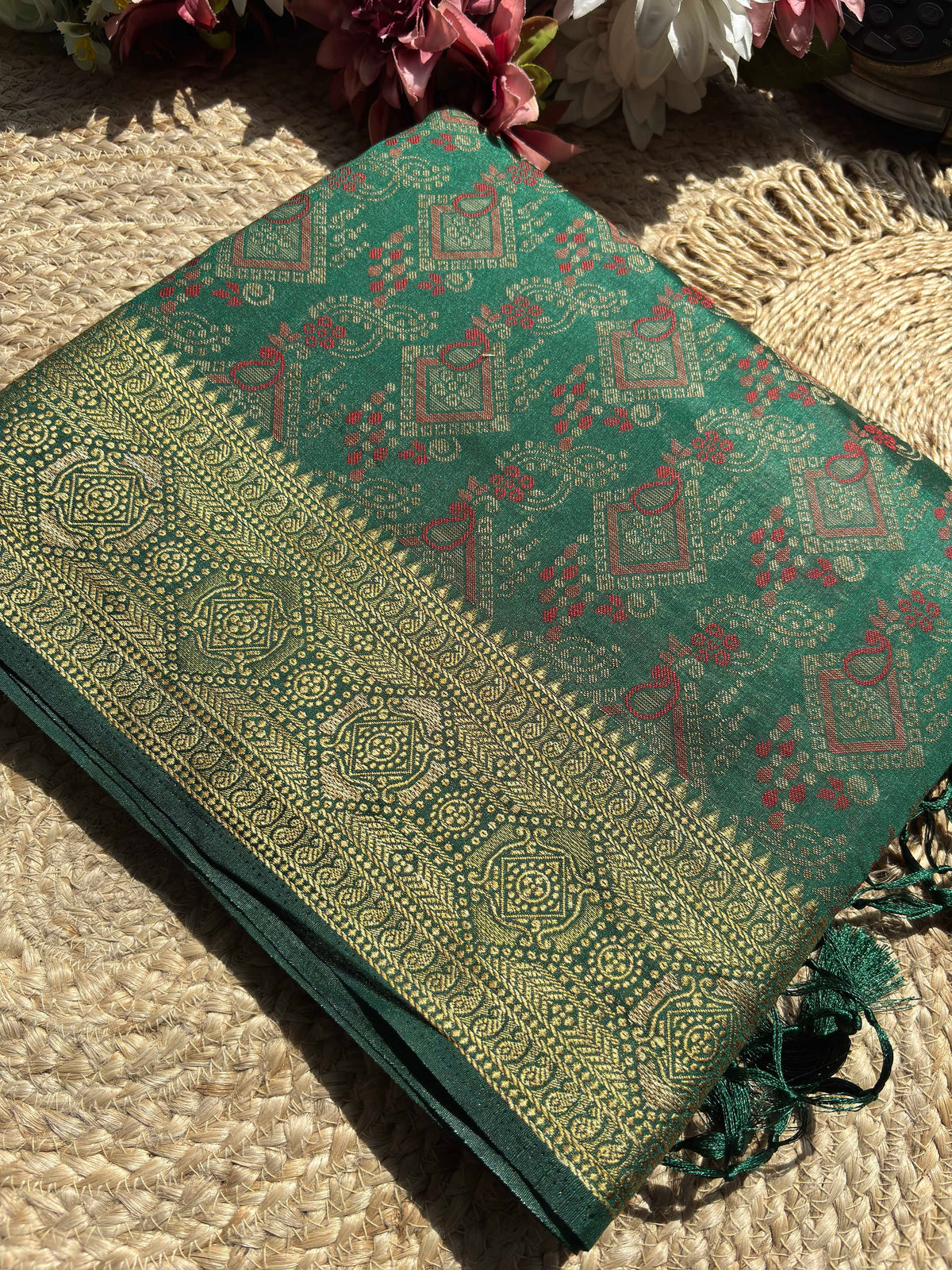 Emerald Green Banarasi Patola Silk Saree with Antique Gold & Red Zari Weaving