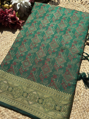 Emerald Green Banarasi Patola Silk Saree with Antique Gold & Red Zari Weaving