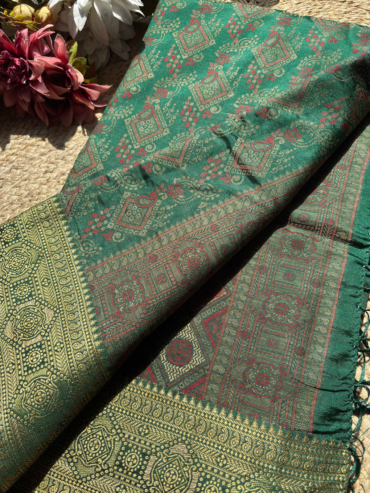 Emerald Green Banarasi Patola Silk Saree with Antique Gold & Red Zari Weaving