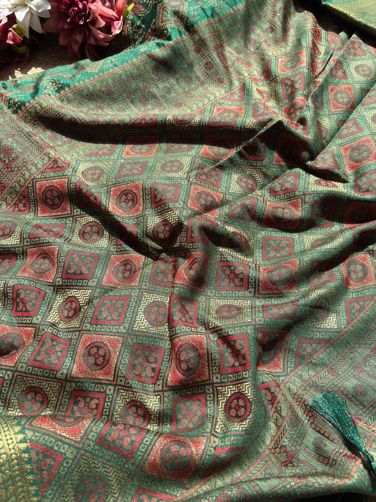 Emerald Green Banarasi Patola Silk Saree with Antique Gold & Red Zari Weaving