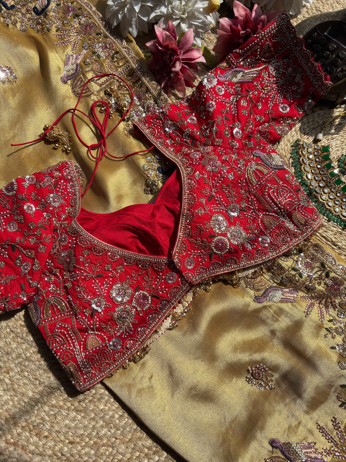 Antique Gold & Red Peacock Embroidered Bridal Saree With Dupatta
