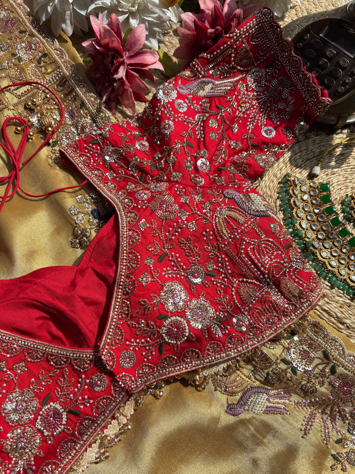 Antique Gold & Red Peacock Embroidered Bridal Saree With Dupatta