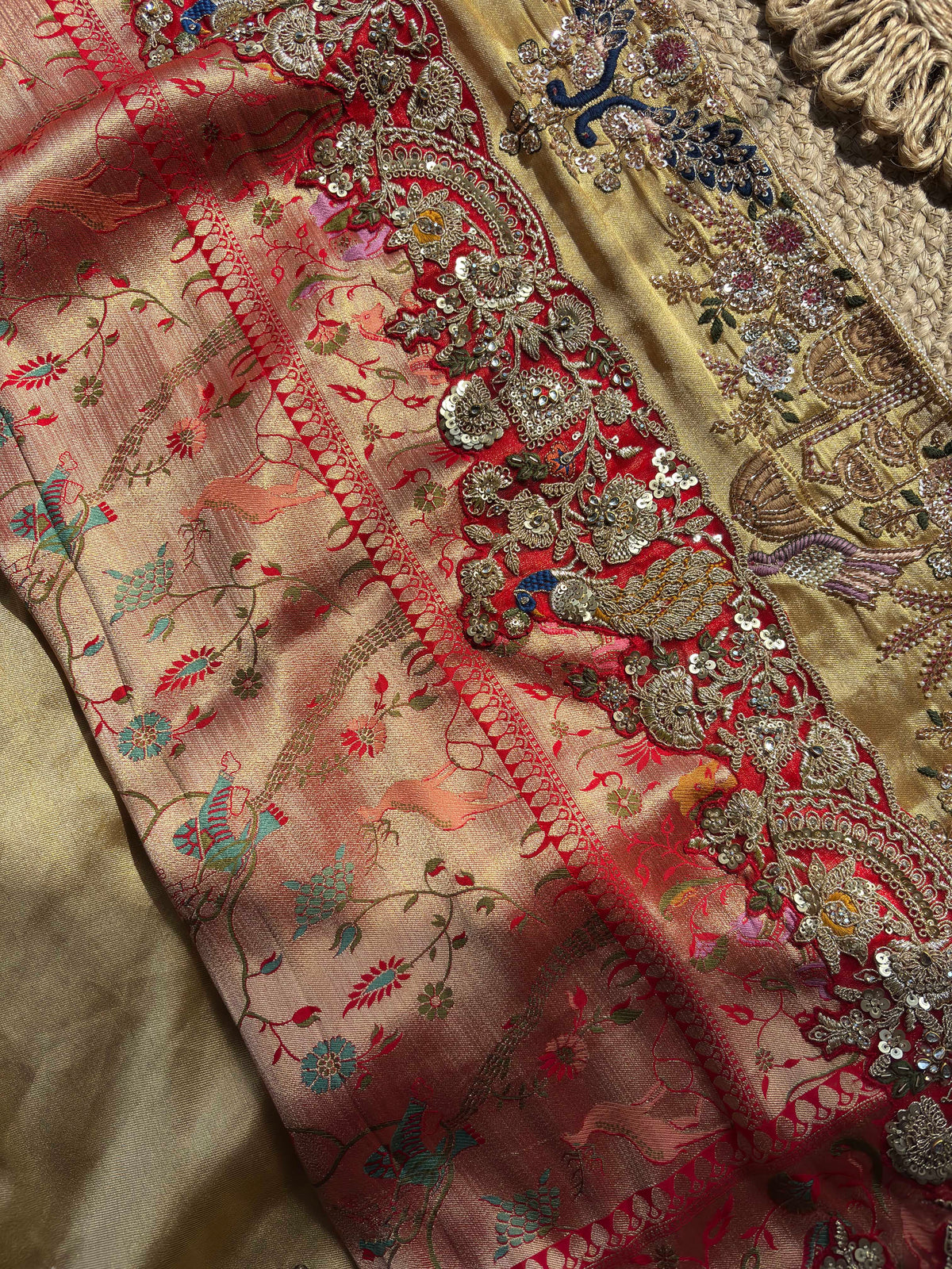 Antique Gold & Red Peacock Embroidered Bridal Saree With Dupatta
