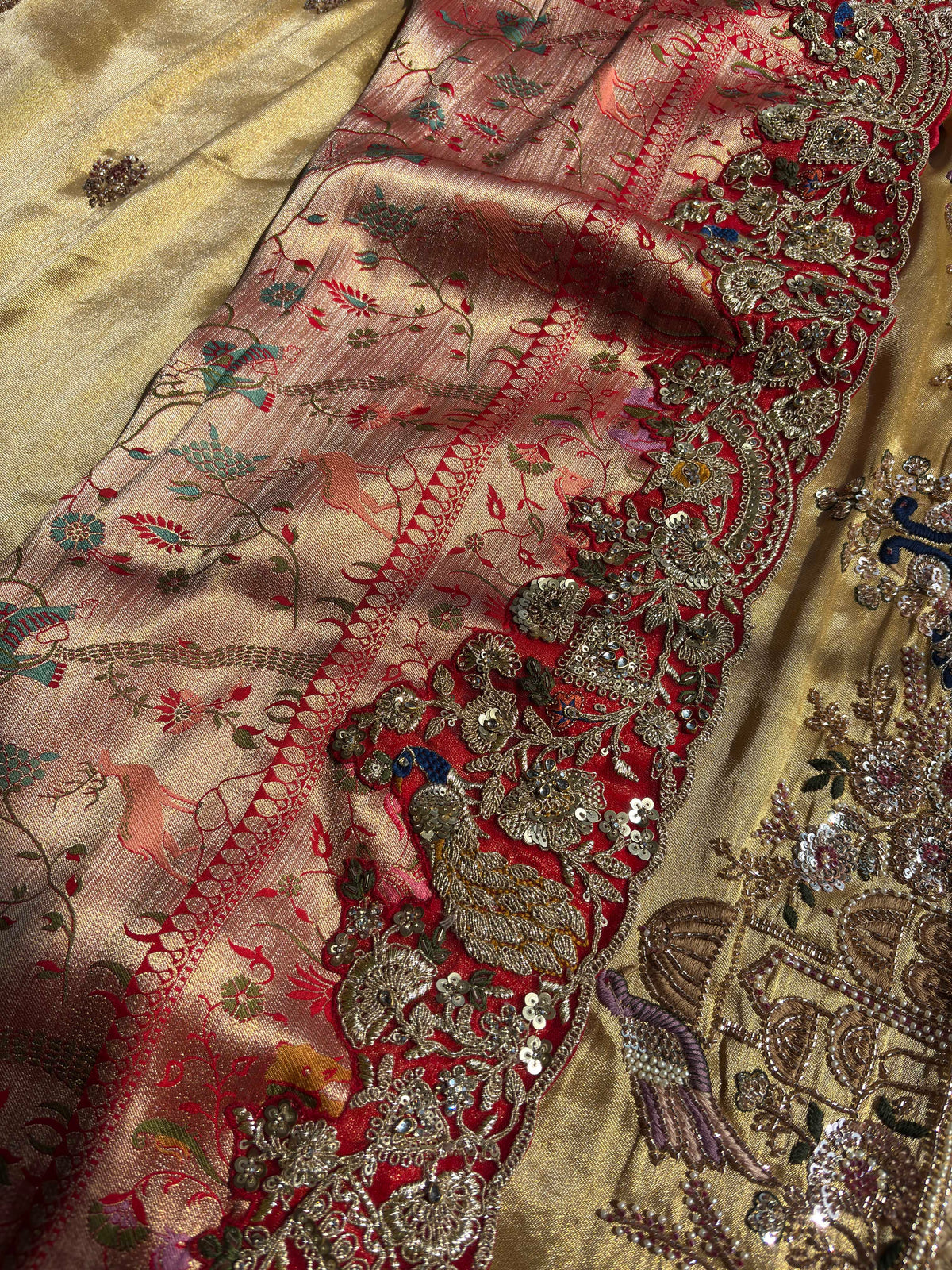 Antique Gold & Red Peacock Embroidered Bridal Saree With Dupatta