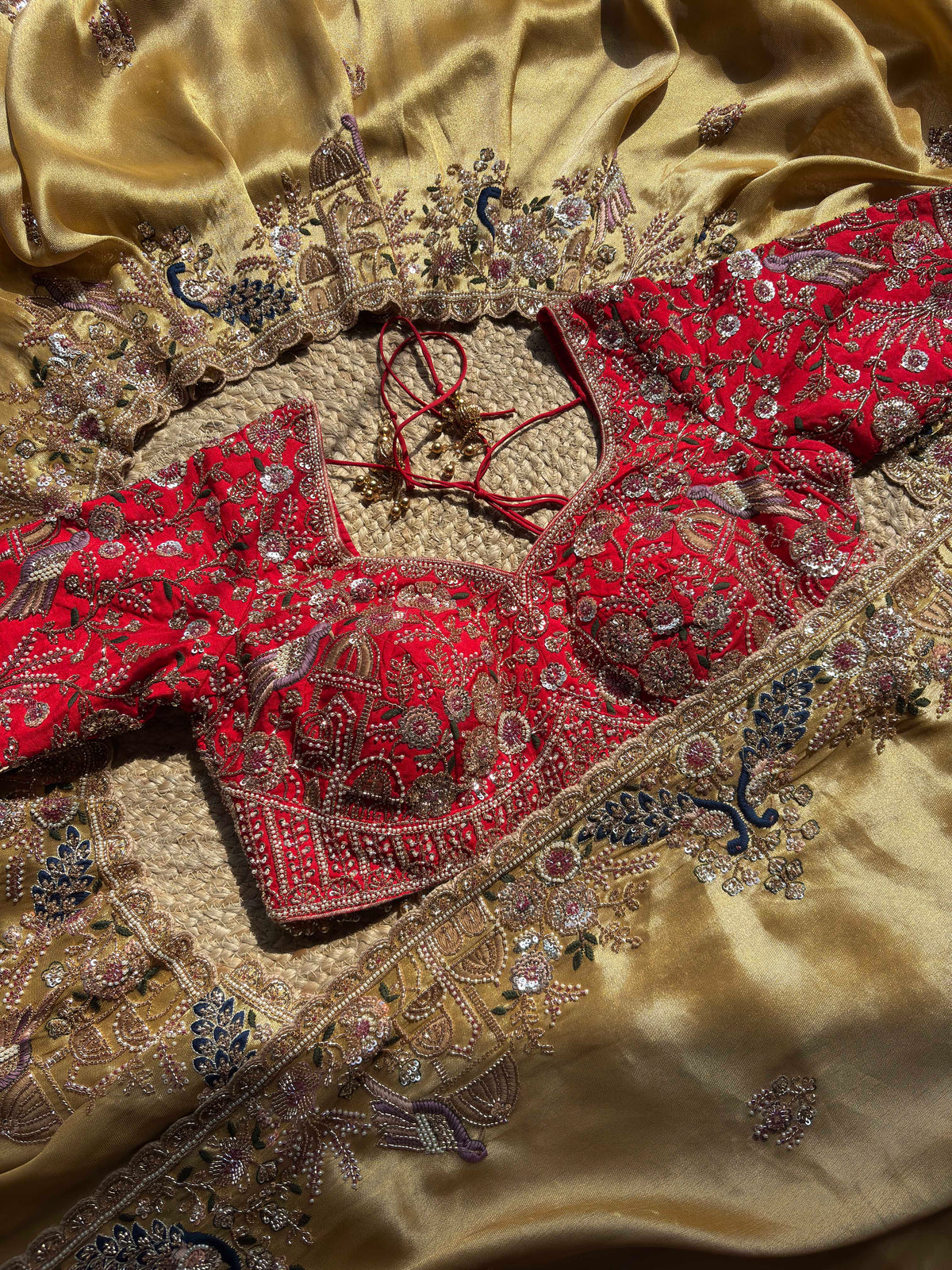 Antique Gold & Red Peacock Embroidered Bridal Saree With Dupatta
