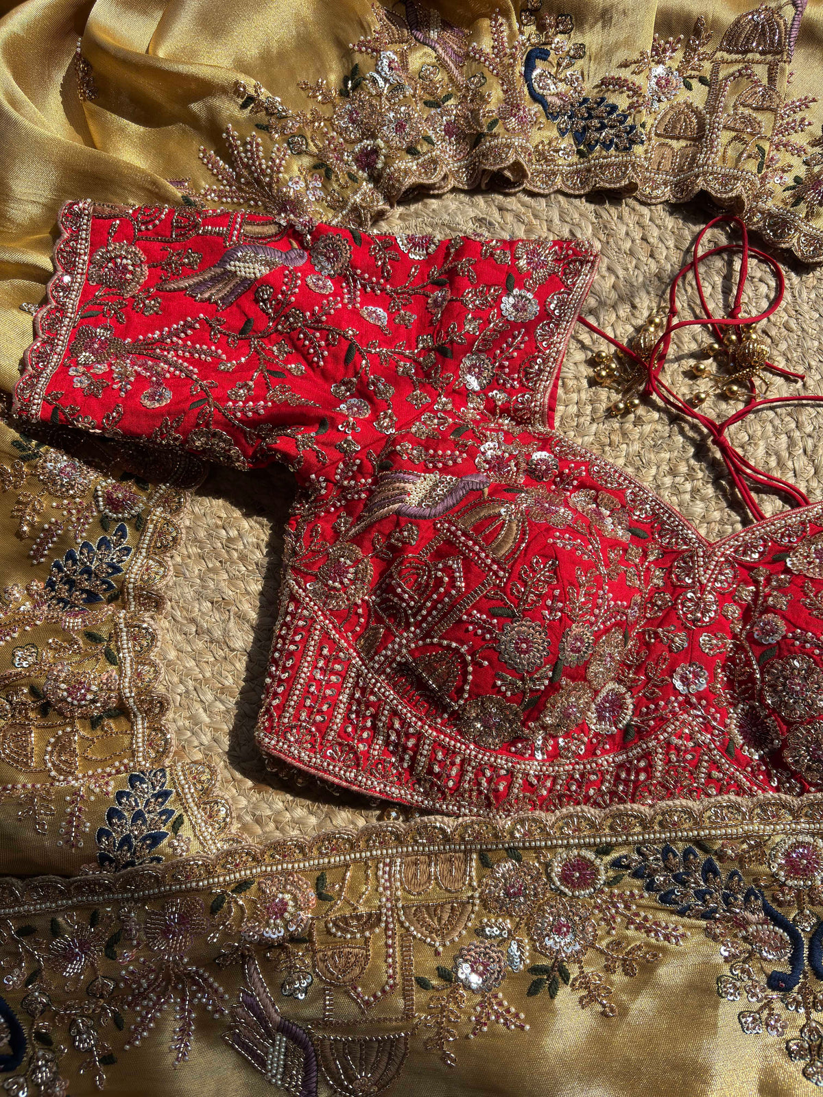 Antique Gold & Red Peacock Embroidered Bridal Saree With Dupatta