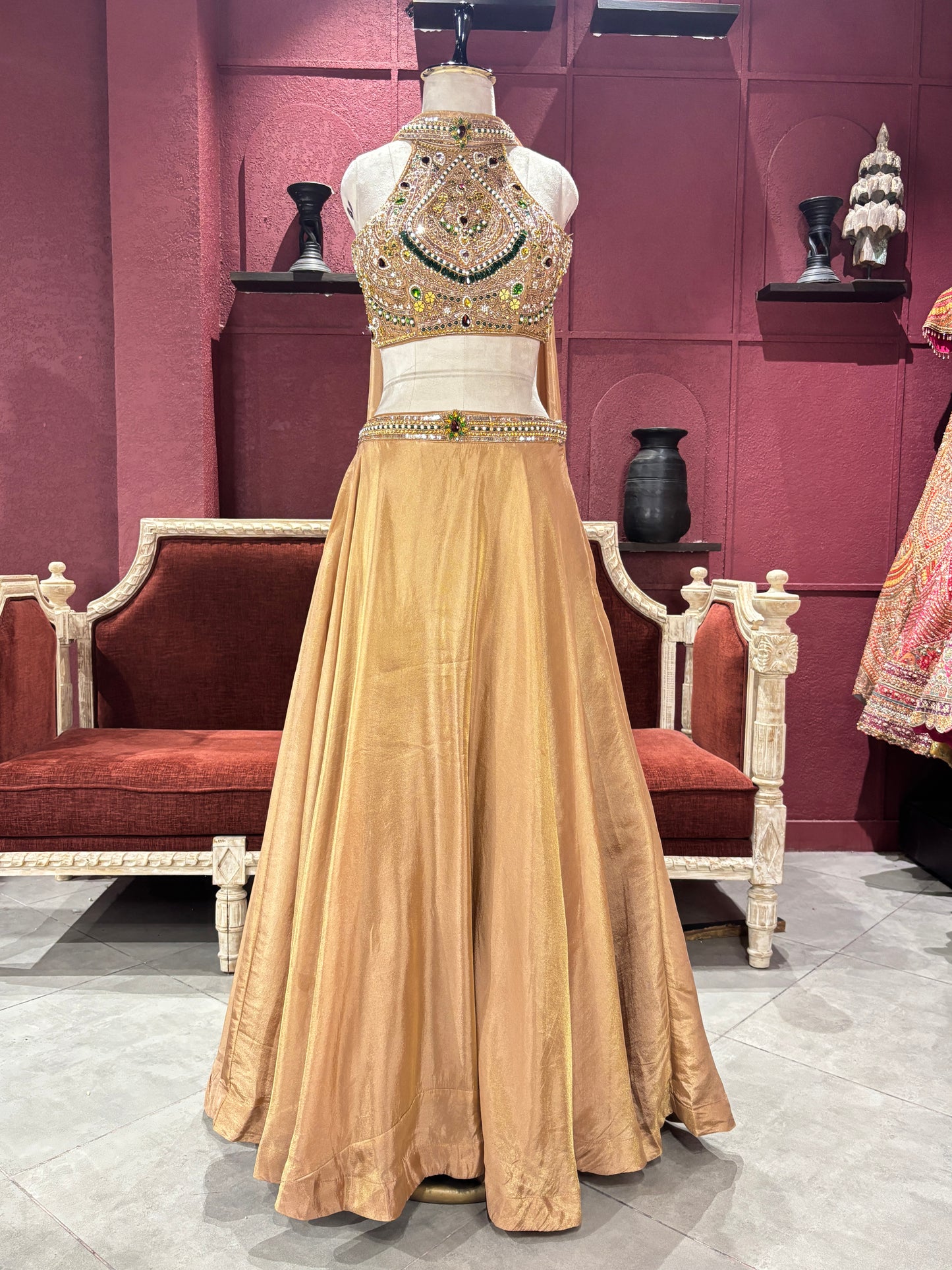 Shimmer Tissue Golden Lehenga Choli with Gemstone Embroidery