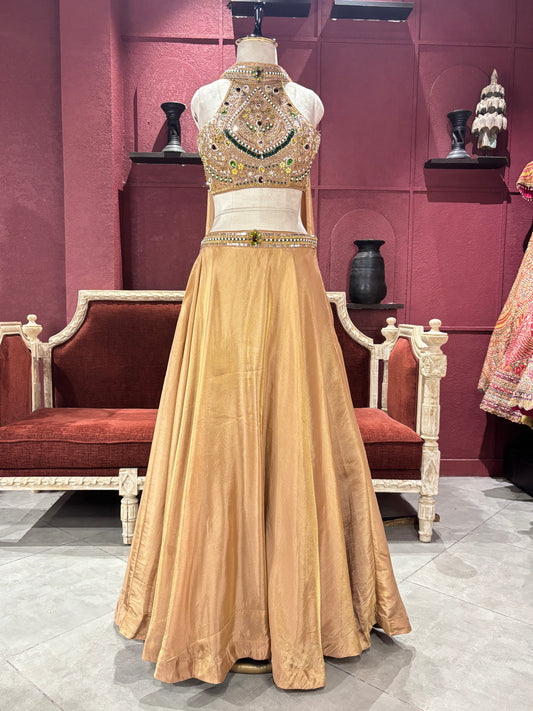 Shimmer Tissue Golden Lehenga Choli with Gemstone Embroidery